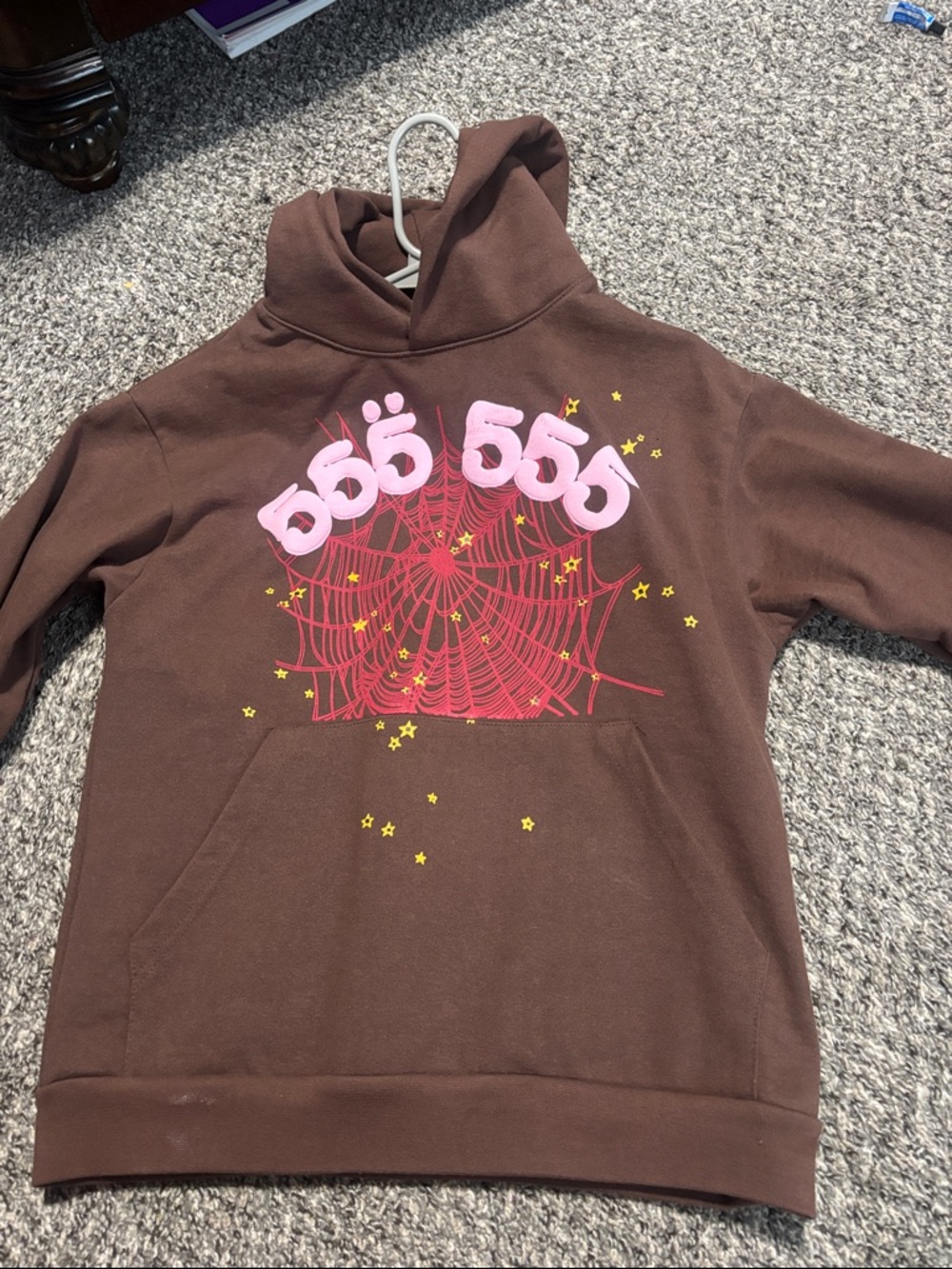 Brown Graphic Pullover Hoodie with Pink 555 Design